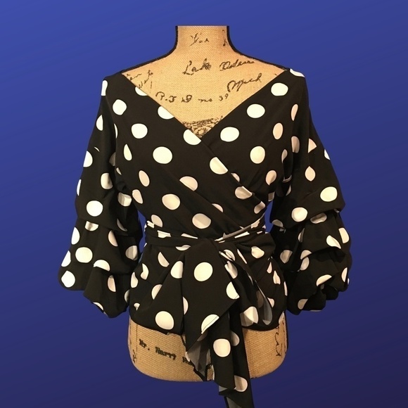 MAIN STRIP Wrap Top, Off Shoulder, BLACK/WHITE POLKA DOT, Women’s Size M, NWOT - Picture 1 of 9